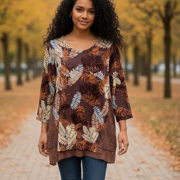 LOGO by Lori Goldstein Leaf Tunic Top Womens Large Fall Brown Mixed Print - Picture 1 of 10